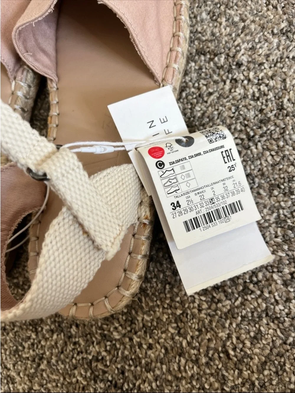 NWT Zara Girls Two-Tone Canvas Espadrilles Shoes Flats | Size 34 (US 2.5)